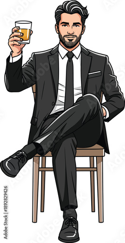 A handsome bearded man in a sharp black suit sitting confidently and raising a glass of whiskey.