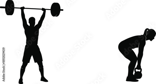 Black Silhouettes of Man Lifting Barbell and Woman Performing Kettlebell Exercise, Representing Strength Training, Fitness Workout, CrossFit, Power, Endurance, and Healthy Active Lifestyle Concept