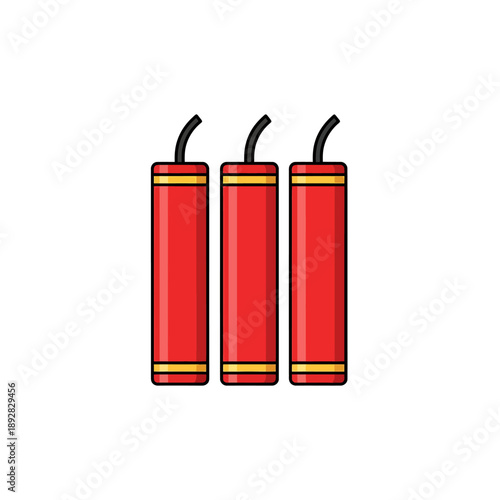Three red dynamite sticks with yellow stripes standing upright viewed from the front