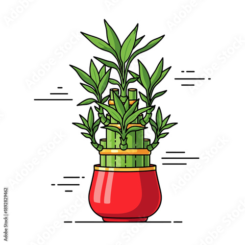 Bamboo plants growing in a red pot, viewed from the side, showcasing their green leaves and stems in a decorative container