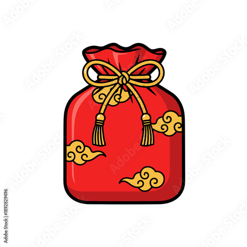 Illustration of a red pouch with golden embellishments and tassels, symbolizing prosperity and good fortune in a cultural celebration