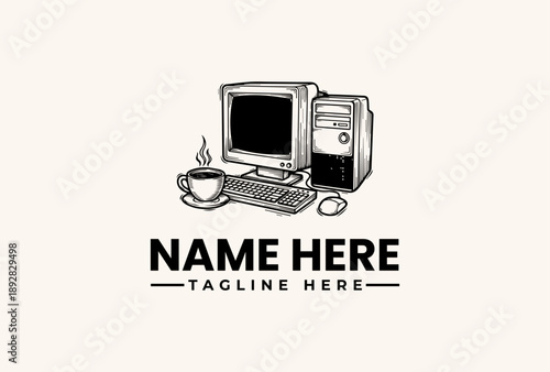 A black and white illustration of a computer, keyboard, and coffee cup with a placeholder logo and tagline on a plain background.