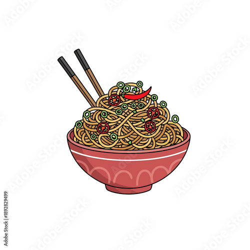 A vibrant bowl of noodles with chopsticks on top, served in a traditional ceramic bowl, captured from a front viewpoint.