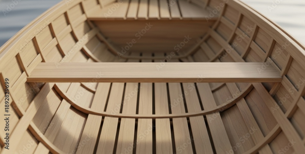 Fototapeta premium Detailed View of Traditional Wooden Boat Interior Construction, Highlighting Fine Craftsmanship and Natural Wood Texture for Luxury Maritime Marketing.
