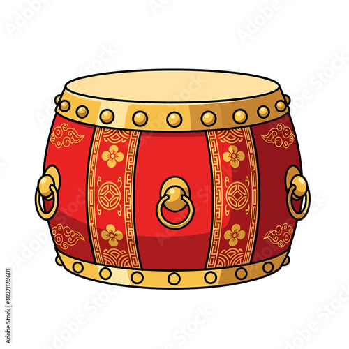 Traditional Asian drum with intricate designs and gold accents, front view, cultural symbol, vector illustration