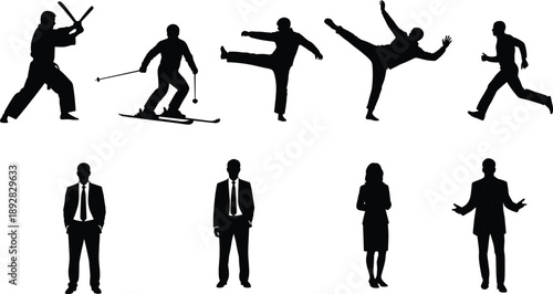 Black Silhouettes of People Performing Martial Arts, Skiing, Running, Business Standing, and Sports Activities, Showing Active Lifestyle, Fitness, Professional Career, and Motion Concept