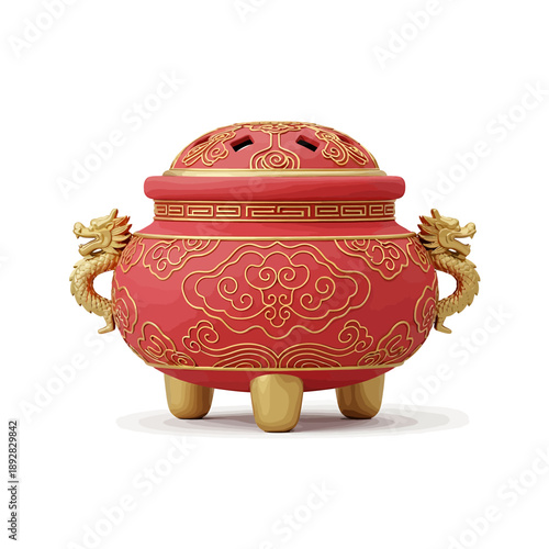 An ornate red and gold Chinese incense burner with dragon handles on a white surface from a front viewpoint