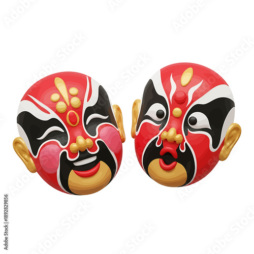 Traditional Chinese Opera Masks Displayed on White Background from a Frontal Viewpoint Showcasing Cultural Heritage
