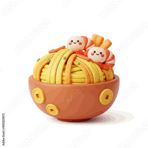 A 3D illustration of a bowl of yellow noodles with shrimp on top, viewed from the front
