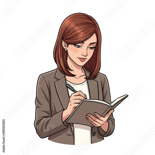 Animestyle illustration of a professional woman with auburn bob hair focused on writing in a notebook.