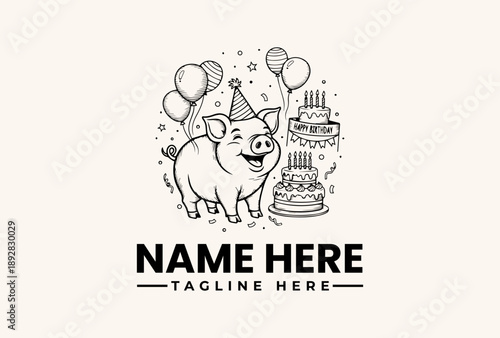 A cheerful pig wearing a party hat stands beside a birthday cake with balloons and confetti, in a festive illustration with a clean design on a beige background.