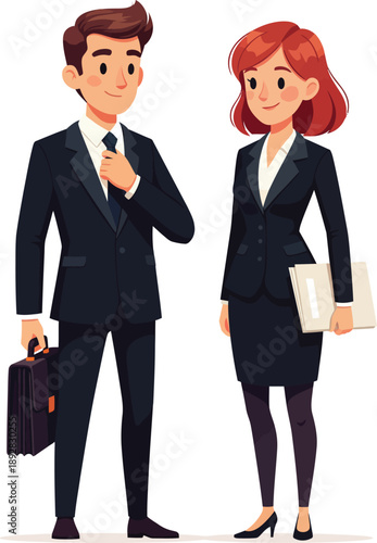 Cartoon business professionals a man adjusting his tie and a woman with red hair holding documents.