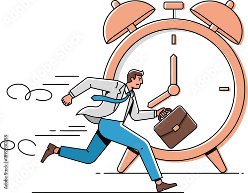 Cartoon businessman with a briefcase running urgently racing against a giant orange alarm clock.