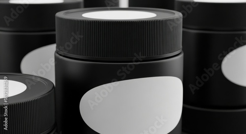 Premium Black Jars Displayed in a Group with Blank White Labels for High-End Product Branding and Packaging Mockup Presentation.