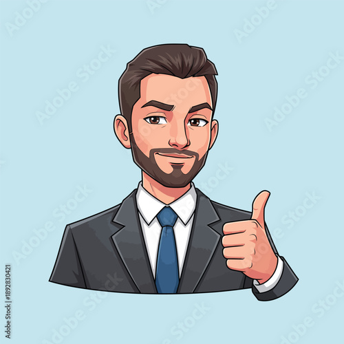 Cartoon illustration of a confident bearded businessman in a suit giving a thumbs up gesture.