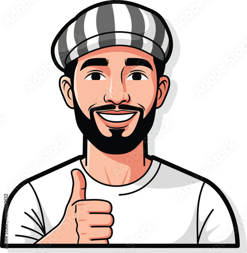 Cheerful cartoon man with a dark beard and striped hat giving a positive thumbsup gesture.