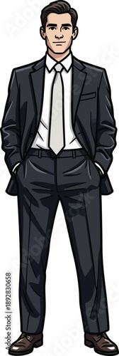 Comic book style illustration of a serious young businessman in a dark suit with hands in his pockets.