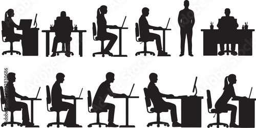Silhouettes of people working at desks in office settings