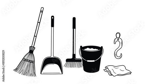 Cleaning Supplies Collection with Broom Dustpan Bucket and Cloth vector illustration