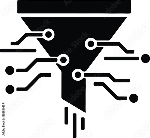Silhouette digital data funnel processing and filtering circuit lines illustration vector