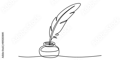 Elegant continuous single line drawing of an old-fashioned feather quill pen with an ink pot Vector, illustration