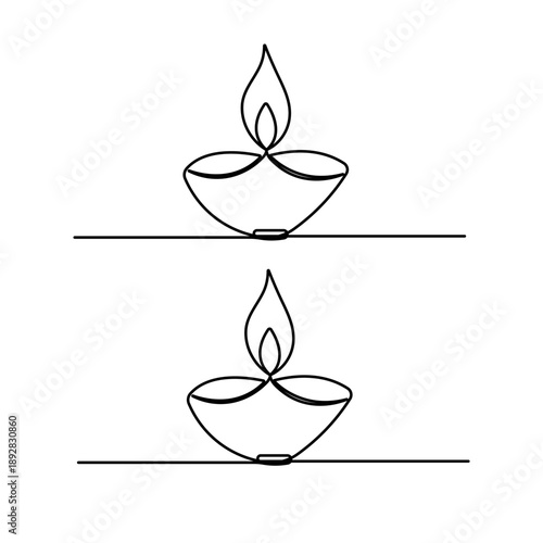 Traditional Diya lamp, with a continuous one-line drawing isolated on white