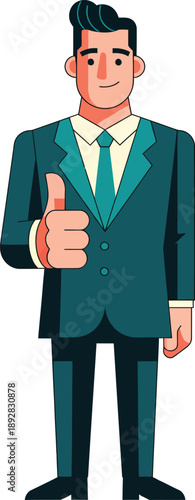 Confident cartoon businessman in a dark teal suit giving a positive thumbsup gesture.