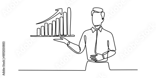 A man presenting a rising bar chart in a continuous line art illustration Vector, illustration