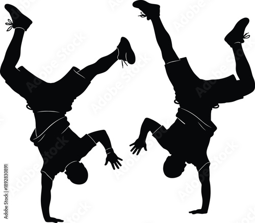 PrintBreakdance and hip hop dancer silhouettes performing handstand and acrobatic moves isolated on white background, expressing street dance culture, energy, motion, and urban performance concepts
