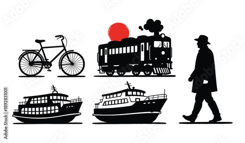 Collection of Transportation Silhouettes with Red Sun and Walking Man Keywords: transportation, vehicle, bicycle, train, steam train, locomotive, ship, ferry, boat, man, walking, silhouette, black