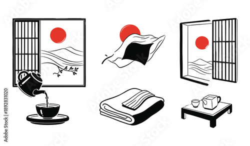 Collection of Japanese cultural elements including shoji screens, tea set, towel, and pouring tea Keywords: Japanese culture, collection, shoji screen, window, sliding door, tea set, teapot