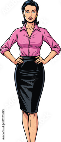 Confident woman in a pink shirt and shiny black pencil skirt standing with hands on hips in a pop art style.
