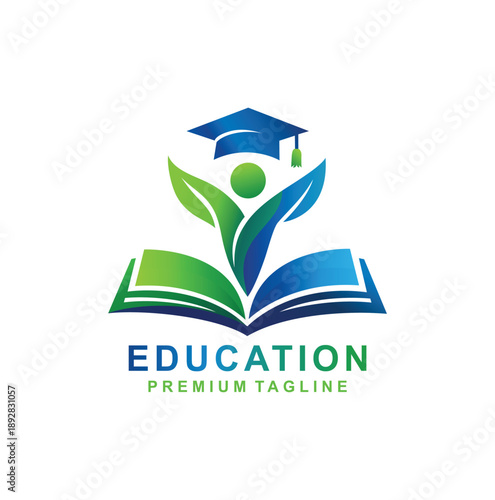 professional education logo design featuring a person rising from an open book with a graduation cap on top.