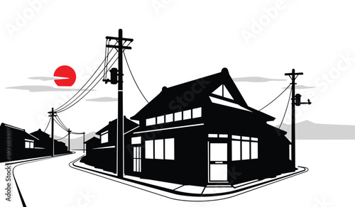 Corner building on a street with telephone poles and a red sun Keywords: Japan, street, building, architecture, corner, house, shop, windows, door, roof, telephone poles, wires, road, curve, red