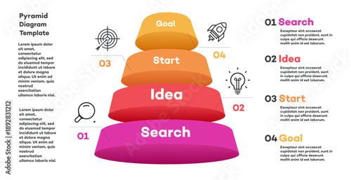 Infographic pyramid diagram template 3d 4 parts; options or level with business icon for marketing; workflow layout; timelines; processing; apps; webdesign; presentation; banner