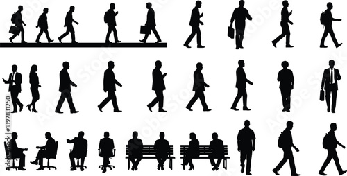 Business people silhouettes collection showing men and women walking, commuting, sitting, talking, working poses in urban and office lifestyle scenes isolated on white background vector set