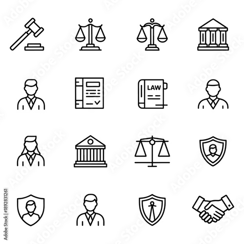 Qualityful law and justice line icon set