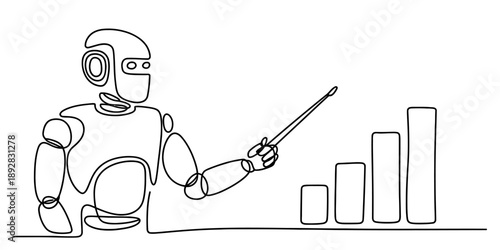 A continuous line drawing of a robot explaining an upward trend on a growing bar chart Vector, illustration