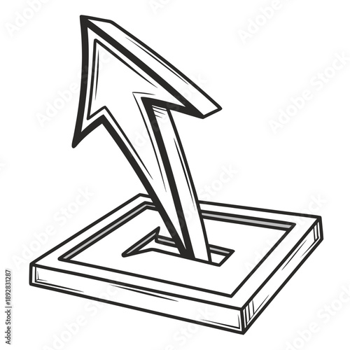 Metallic 3 D arrow emerging from flat platform 3D arrow