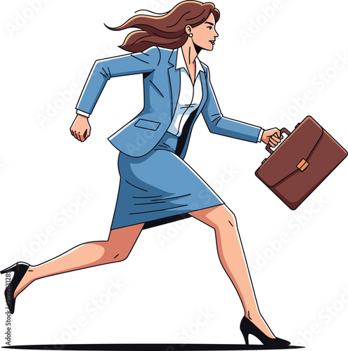 Determined businesswoman in a blue suit and high heels running with a brown briefcase.