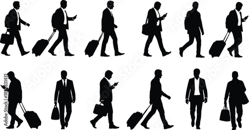 Business traveler silhouette collection of professional men walking with luggage and briefcases, black isolated corporate commuter figures showing airport travel, mobility and modern work lifestyle
