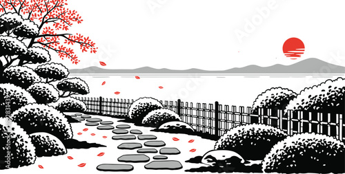 Japanese Garden Path with Red Maple Leaves and a Red Sun over Water Keywords: japan, garden, path, stepping stones, fence, bushes, trees, red leaves, maple leaves, autumn, season, water, lake, sea