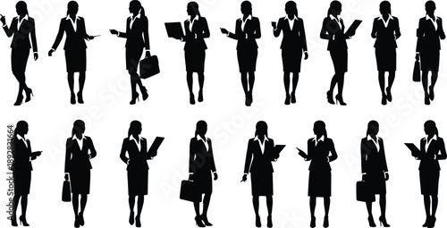 Businesswoman silhouettes set showing professional office poses, walking, pointing, holding documents and briefcases isolated on white background black female corporate figures collection