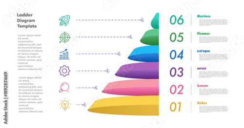 Ladder Infographic diagram template 3d 6 level, parts or options for workflow layout; apps; processing; web design; timelines; marketing; presentation; banner