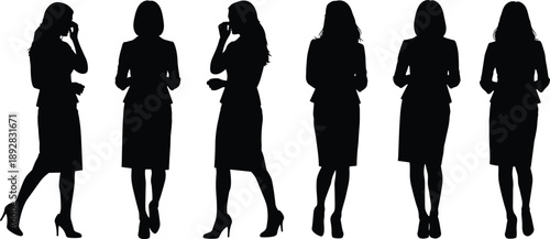 Businesswoman silhouettes in professional standing poses, isolated on white background, representing corporate lifestyle, office work, leadership, confidence, career growth, modern business concept