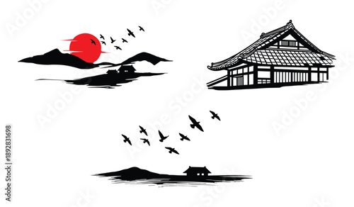 Japanese Landscape Scenes with Houses, Birds, and Sun Keywords: japan, japanese, landscape, nature, scenery, house, building, temple, shrine, pagoda, silhouette, black, white, red, sun, sunrise