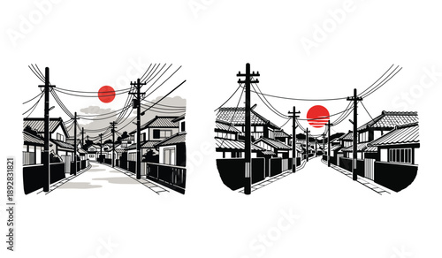 Japanese Residential Street Scene With Power Lines and Sun houses rooftops