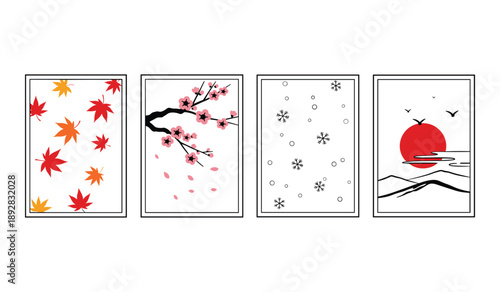 Japanese Seasons Four Panels Cherry Blossoms Snowfall Maple Leaves and SunriseOver Mountains