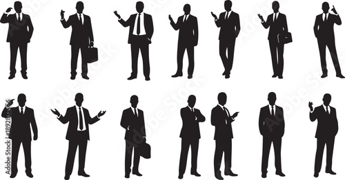Silhouettes of businessmen in various poses and gestures