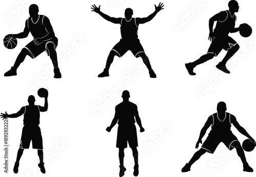 Collection of basketball player silhouette poses dribbling, defending, and shooting isolated on white background, ideal for sports training, competition, fitness, and athletic design concepts